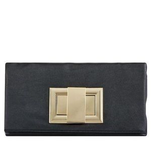 Black Leather Gold Toned Buckle Clutch